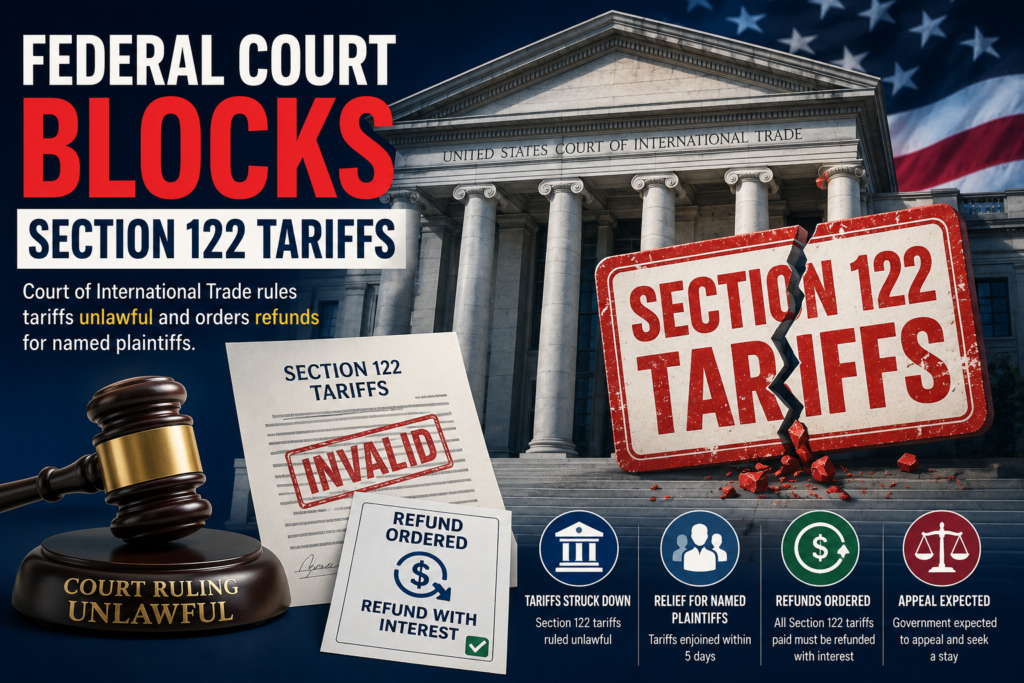 Court of International Trade ruling invalidating Section 122 tariffs and ordering refunds for importers
