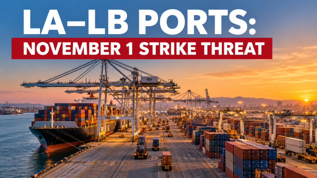 AI-generated illustration of container terminals at the Los Angeles and Long Beach ports highlighting the potential November 1, 2026 ILWU Local 26 strike.